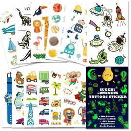 Sugeru 100+ Tattoos Children's Skin-Friendly, Luminous Tattoos Stick-On Stickers Kids, Children's Tattoo Boys Girls, Party Bag Children's Birthday Party Bag - Plant Extract Colour (Luminous Mix)