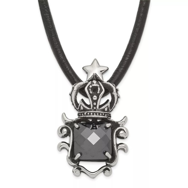 Jewelry Stores Network Stainless Steel Antiqued Crown Black Glass Necklace