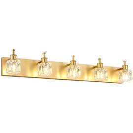 PRESDE Modern Crystal Vanity Light for Bathroom Gold 5 Light Bathroom Wall Light Fixtures Over Mirror(Exclude Bulb)
