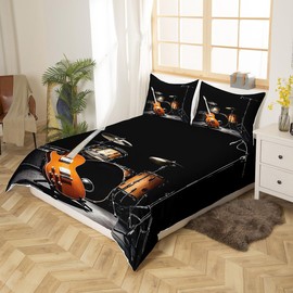 Feelyou Teens Guitar Bedding Set Rock Music Themed Duvet Cover for Kids Adults Musical Pattern Comforter Cover Drum Kit Instruments Bedspread Cover Bedroom Decor Quilt Cover 3Pcs Queen Size