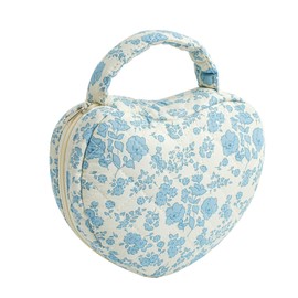 WHJM Cute Heart-shaped Handy Makeup Bag, Small Floral Makeup Pouch, Ideal for Daily Beauty Essentials for Women (Blue Floral)