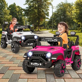 HONEY JOY Ride on Truck, 12V Electric Vehicle for Kids, Shock Suspension, LED Lights & Music, Battery Powered Kids Car to Drive, Off Road Ride On Car, Gift for Boys Girls (Pink)