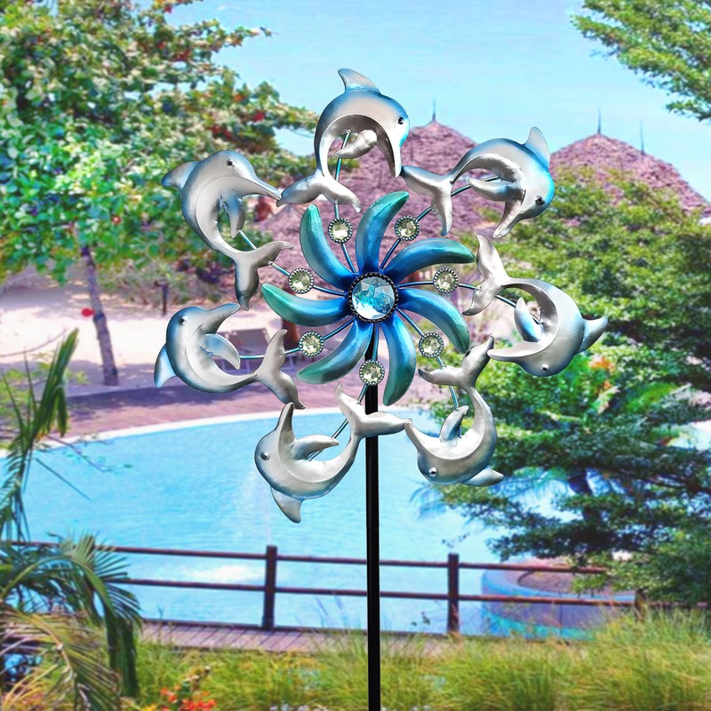39" Dolphin Wind Spinners Metal Windmill Garden Stake,Ocean Theme Outdoor