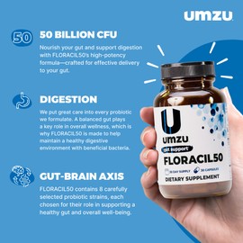 UMZU Floracil50 Probiotic Supplement 30 Day Supply – 50 Billion CFU with Lactobacillus Acidophilus Rhamnosus and Plantarum – Supports Gut Health Digestion Immunity and Microbiome Balance