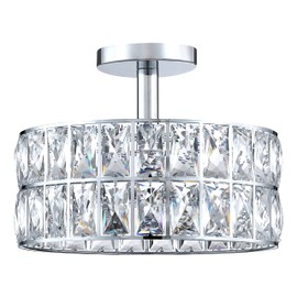 Crystal Farmhouse Drum Semi Flush Mount Close to Ceiling Lamp Fixture,for Living Room Dining Room Bedroom Kitchen Island Hallway (Chrome Finish, 10" Semi Flush Mount)