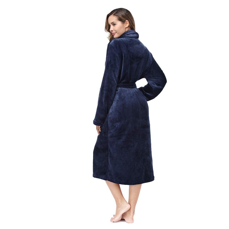 RONGTAI Womens Bathrobe Ladies Fleece Plush Warm Long Robes （Small，Navy