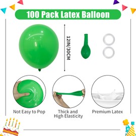 PatiCool Green Balloons - 12 inch 100pcs Latex - Round Green Birthday Balloons with 2 Ribbons, Helium Green Balloons for Birthday, Dinosaur, Jungle, Christmas, Baby Shower Party Decorations