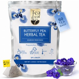 Tealeaf & Co. Butterfly Pea Herbal Tea Bags Blended with Fresh Herbs - Herbal Tea with Butterfly Pea Flower - Contains Low Caffeine - Gluten Free - 50Teabags (3.52oz/100gm)