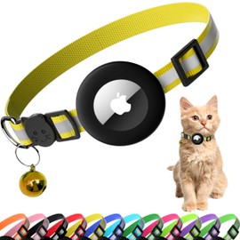 Seyezo Cat Collar with Air Tag Holder, Reflective Kitten Collar with Bell, Breakaway Airtag Cat Collar for Boys Girls Cats, GPS Tracker for Cats 0.4’’ Width Adjustable Safe Kitty Collar, Yellow