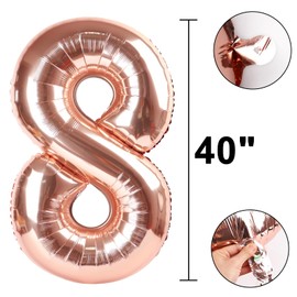 Rose Gold Number 8 Balloon Foil Mylar Number 8th Birthday 40 Inch Big Giant Helium Number for 18 28 Birthday Decor,Boys Girl Party Supplies & 80 Anniversary Events