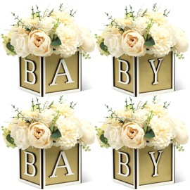 MASTRON Baby Shower Centerpieces for Table - 4 Set of Wood Boxes with Baby Letters 6 x 6 inch Cube Planter Vase Baby Blocks for Boys Baby Shower Gender Reveal Favor - Gold