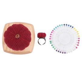 Pin Cushion Kit Cute Pumpkin Shape Pin Cushion Wooden Base with Finger Ring Pincushions Sewing Pins for DIY Crafts Dark Red