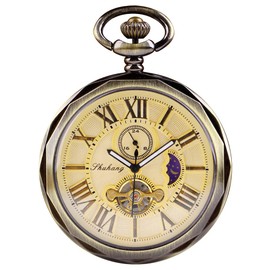 Tiong Antique Copper London Pocket & fob Watches Mechanical Watch Hand Wind Mens Pocket with Chain Xmas Gift Box