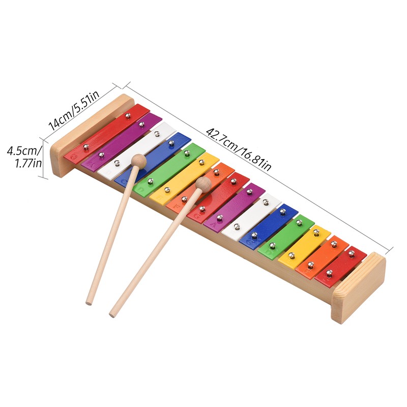 15 Note Glockenspiel Xylophone Wooden Base Colorful Aluminum Bars with