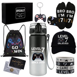 Gifts for 7 Year Old Boy, 7 Year Old Boy Birthday Gifts, Cool 7th Birthday Gifts for Boys, Game Theme LEVEL 7 UNLOCKED Water Bottle Baseball Cap Socks Bag Keychain Wristbands for Son Nephew Grandson