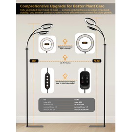 GLOWRIUM Grow Lights for Indoor Plants,Plant Light with 3/9/12/16H Grow Light Timer,2-Head 48W Full Spectrum LED Grow Light, 3 Lighting Mode and Stepless Dimming (Black, 48W)