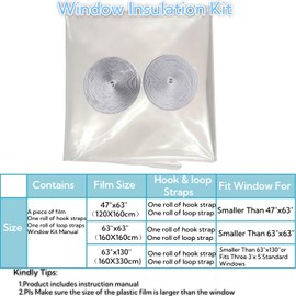 FonsBleaudy Heavy Duty Window Insulation Kit 63inX63in to Keep Cold Out in Winter,Reusable Transparent Window Film ，Easy to Open for Ventilation with Adjustable Hook & Loop Straps (160X160cm)