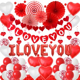 Valentines Decorations I Love You Balloons - Valentine Day Decor Romantic Heart Banner Garland Red Rose Petals Paper Fan, Hanging Swirl for Anniversary Wedding Engagement Proposal Party