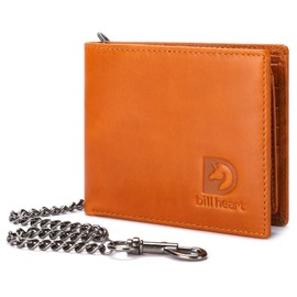 bill heart Wallet with Chain for Men, RFID Blocking Genuine Leather Bifold Wallet with Sturdy Chain (Brown)