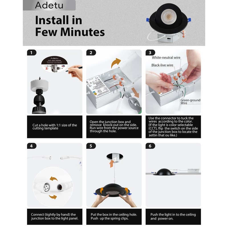 Adetu - 6 Inch 5CCT Black LED Gimbal, 360°+90°Adjustable Directional