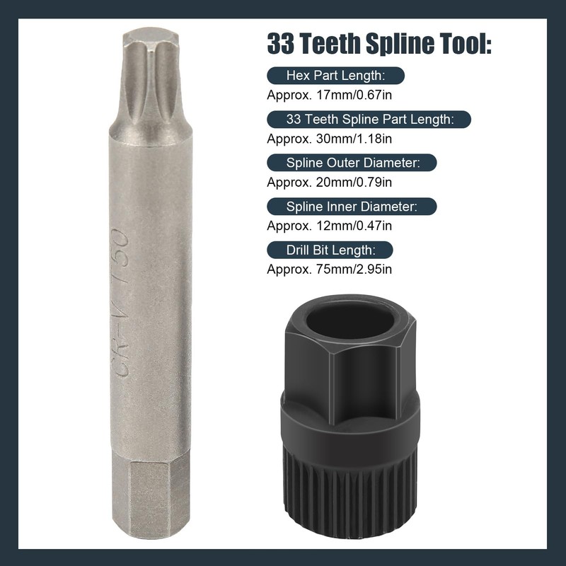 Alternator Pulley Wrench Set, 33 Teeth Spline Socket Drill, Car