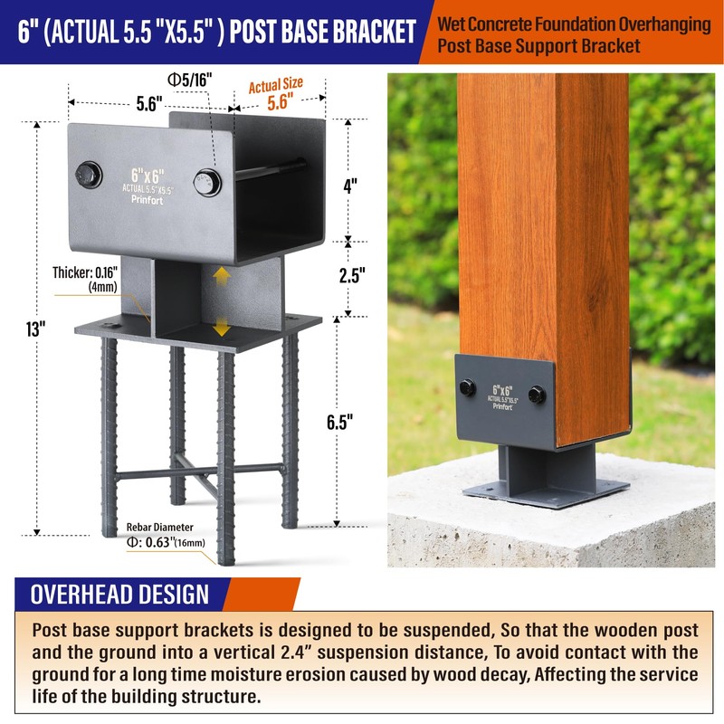 Stainless Steel 6"x6"(Actual 5.5"x5.5") Post Base Bracket Concrete, Wet Set
