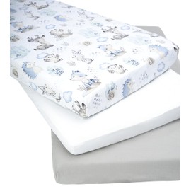 Medi Partners Fitted Sheet 60 x 120 cm, 3-Pack Baby Bed Sheet, 100% Cotton, Fitted Children's Sheet Bed Linen, Baby Mattress, Sleeping Bag, Baby Bed (Stag and Hedgehog White / Grey)