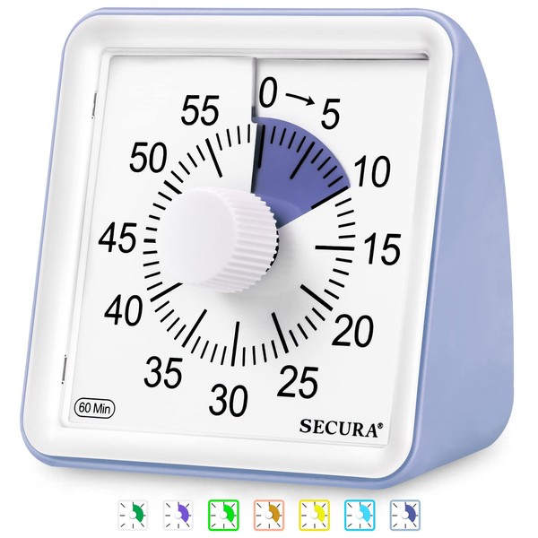 Secura 60 Minute Visual Timer, Classroom Countdown Timer, Silent Timer for Kids and Adults, Time Management Tool for Teaching, Family and Work (Purple & Purple)