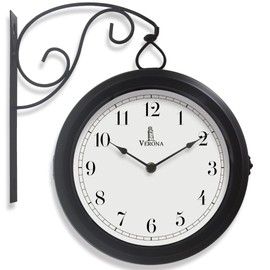 Metal Double Sided Wall Clock 10" - Decorative Indoor Outdoor Double Sided Clock - Easy to Read, Hanging Train Station Style for Patio, Garden, Office & More - Antique Style Outside Corner Wall Decor