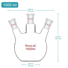 stonylab 3-Neck Round Flask, High Borosilicate Glass, 24/40 Standard Cut, Chemistry Lab Reaction Flask, 1000 ml Capacity