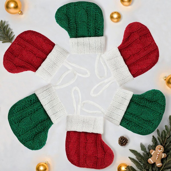 MORAINJAY 6pk Mini Christmas Stockings,4.3inch Knit Xmas Stockings,3 Pairs Red&Green