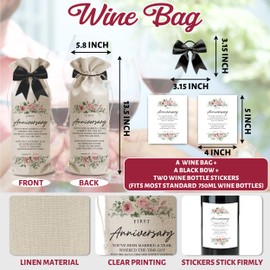 First Anniversary Wine Bag Gifts for Women Men, Anniversary Wedding Gift for Couples, Burlap Drawstring Wine Bottle Gift Bags with Black Bow for Christmas Valentine Wedding Birthday-B01