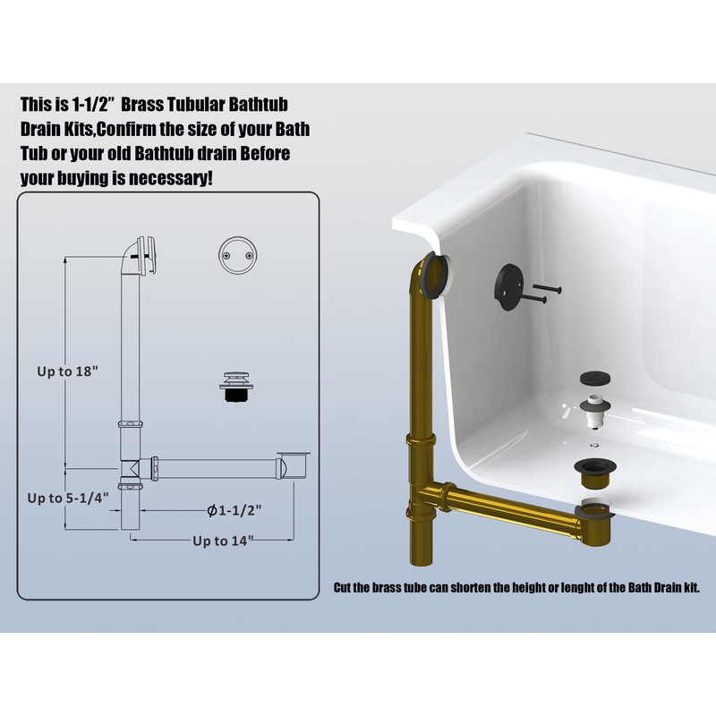 Artiwell 1-1/2" Brass Tubular Bath Drain Kit with Tip-Toe Bath