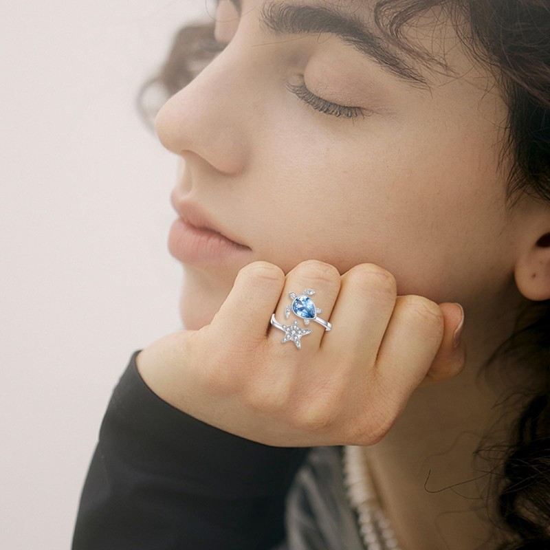 DAYLINLOVE Sea Turtle Ring for Women 925 Sterling Silver Rotating