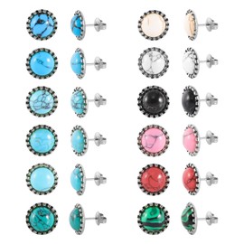 JMFENFA 12 Pairs Multi Gemstone Turquoise Stud Earrings Gold-Plated Stainless Steel Gemstone Stud Earrings Set for Women, Stainless Steel, Turquoise