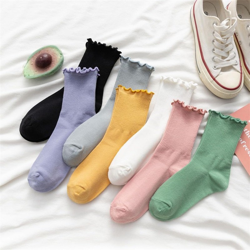 [PAOIXEEL] 靴下 レディース 1足 綿100 木耳レース 中筒ソックス キャンディカラー ストッキング 春用