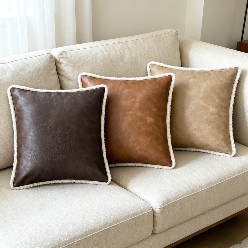 CaliTime Throw Pillow Covers Pack of 2 Faux Shearling Stitching