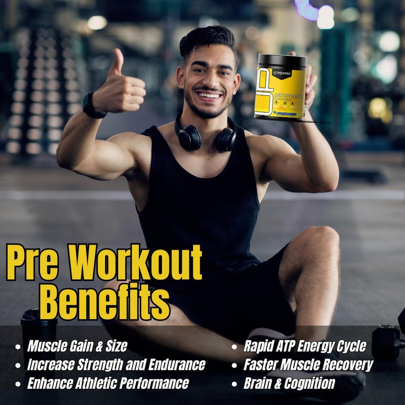 MYOTEC UP Mid Stimulant Pre Workout Powder, Energy Focus Pumps,