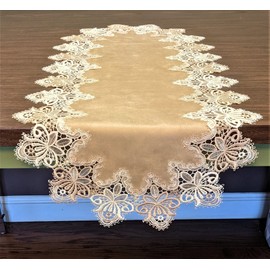 Doily Boutique Table Runner or Dresser Scarf in Gold Vintage Lace and Brown Microsuede Fabric Size 36 x 15 inches