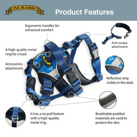 Tail Blazers Anti-Escape Dog Harness. Adjustable No Pull, Reflective, Breathable, Padded. Ideal for Puppy Essentials. Small to XL Breeds, Perfect Collars, Harnesses & Leads for Dogs. (Blue, Small)
