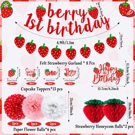 MEIWUTIE Berry First Birthday Decor,23 Pcs Strawberry First Birthday Decorations Contains Banners, Paper Pom Poms for Baby Shower and Strawberry Party Decorations