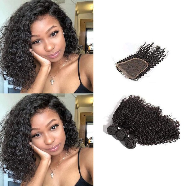 BLISSHAIR 3 Bundles with Lace Closure, Brazilian Human Hair Curly Weave Wefts with Closure Hair Extensions, Kinky Curly Hair Bundles with Closure, 100% Virgin Remy Hair, Black (8 8 8 + 8 Inches)