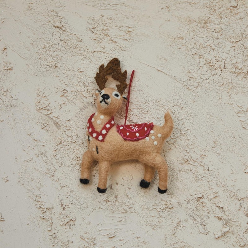 Creative Co-Op Handmade Wool Felt Reindeer Ornament with Embroidery on
