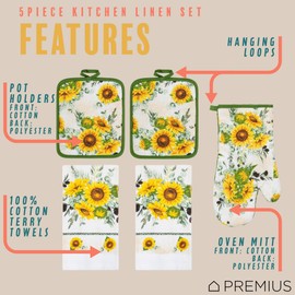 PREMIUS 5 Piece Sunflower Printed Kitchen Linen Set, 2 Cotton Towels, 2 Potholders, 1 Oven Mitt with Hanging Loop, 100% Cotton Material on Front & Polyester Backing, Perfect Kitchen Accessory, Gift
