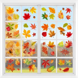 Fall Maple Leaf Window Clings for Glass Windows Autumn Window Static Stickers Double-Sided Leaves Cone Hazelnut Window Door Cling Removable Reusable Stickers Thanksgiving Window Door Decoration