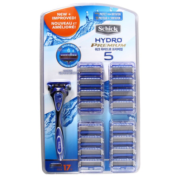 Schick Newly Improved Hydro Premium 5 Men's 5 Blade Razor Set with 1 Handle and 17 Blades Equipped with Moisture Gel Reservoir - 40% decrease of Skin Irritation - Good for Wet Shaving