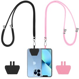 CACOE Phone Lanyard 2 Pack-2× Adjustable Neck Strap,4× Phone Patches,Universal Crossbody Cell Phone Lanyards,Multifuctional Patch Phone Lanyards Compatible with Most Smartphones(Black+Bright Pink)