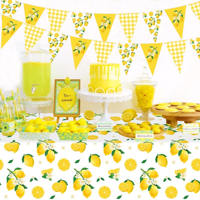 4 Pcs Lemon Party Decoration Lemonade Tablecloth Lemon Triangle Banners