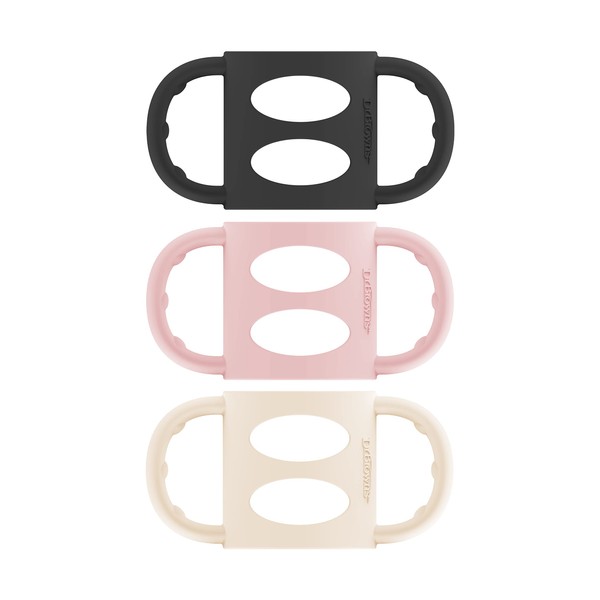 Dr. Brown's Milestones 100% Silicone Baby Bottle Handles, Narrow, Removable Easy-Grip Transitional Sippy Cup Handles, Light Pink, Ecru, Black, 4m+, 3 Pack