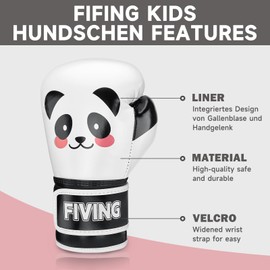 FIVING Children's Boxing Gloves, Panda Design, 4-6 oz, Breathable Mesh, Integrated Wrist Protection, for 3-9 Years (White, 6 oz)